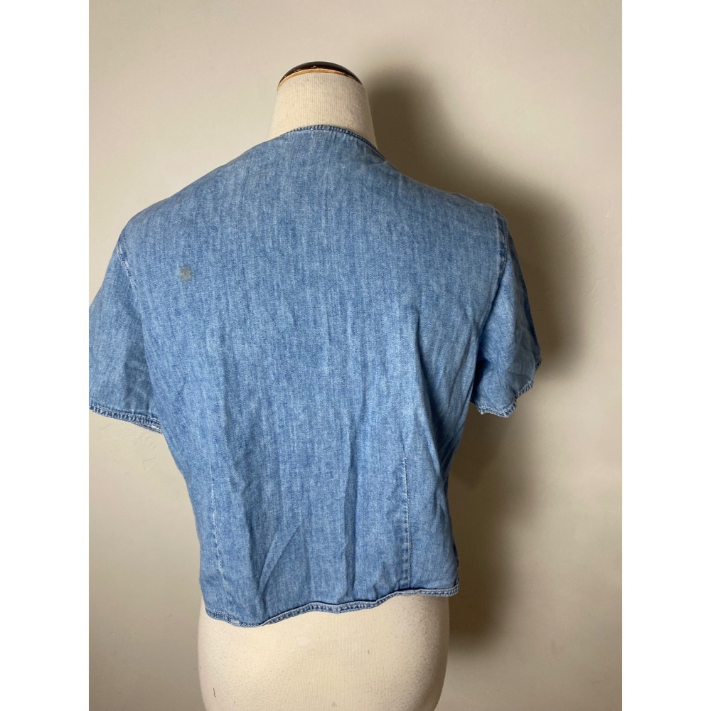 Vintage 90s Floral Embroidered Denim Top Short Sleeve  Cottagecore Shirt M - Picture 4 of 5
